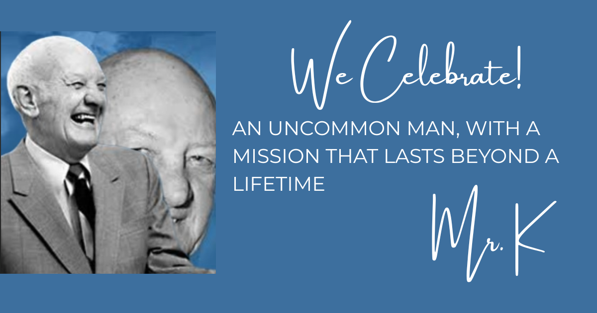 Elderly man in a suit smiling, with large background portrait. Text reads: “We celebrate! An uncommon man, with a mission that lasts beyond a lifetime—providing college scholarships and skills training to the next generation. Mr. K.”.